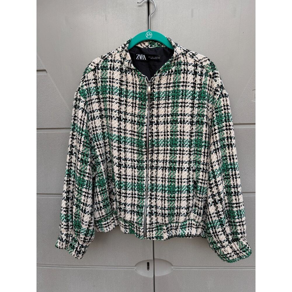 ZARA Women Tweed Plaid Bomber Jacket Zip Front Sz L Old Money Preppy Academia - Picture 4 of 13